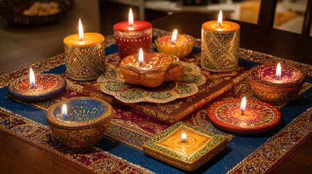 A vibrant arrangement of traditional candles and plates, symbolizing celebration and artistry. Perfect for Diwali or festive occasions, showcasing colorful designs.の素材