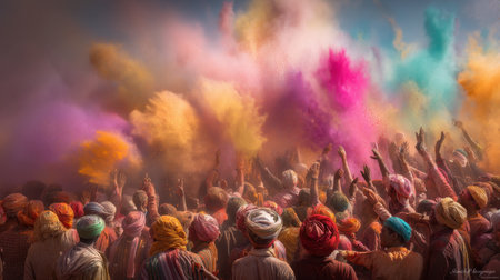 A vibrant celebration filled with colorful powder and joyous participants enjoying a festival. The air is filled with energy, laughter, and tradition as people come together in this lively event.の素材