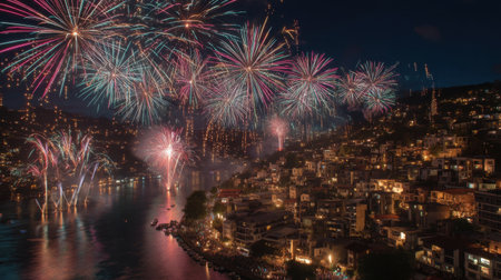 A vibrant fireworks display lights up the night sky over a coastal town, reflecting beautifully on the water. The scene captures the essence of celebration and joy.の素材