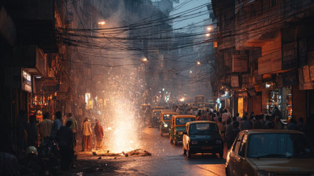A vibrant city street comes alive with fireworks illuminating the evening sky. People gather amidst the bustling atmosphere, creating a lively urban scene.の素材