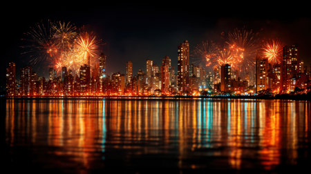 Stunning city skyline illuminated by vibrant fireworks against a tranquil water surface. A perfect blend of urban beauty and festive atmosphere at night.の素材