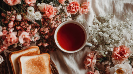 A tranquil morning scene featuring a cup of tea alongside toasted bread, surrounded by soft floral arrangements on linen fabric, evoking comfort and simplicity.の素材