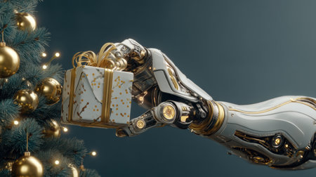 This captivating image features a robotic hand placing a beautifully wrapped gift under a decorated Christmas tree, blending technology with festive celebration.の素材