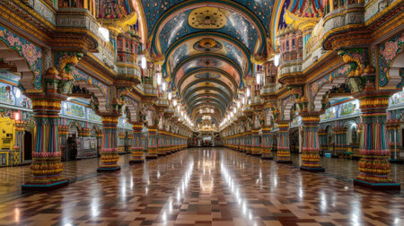 Explore a magnificent hall filled with vibrant colors and intricate design. This stunning architectural space showcases elegant lighting and beautiful reflections on the polished floor.の素材