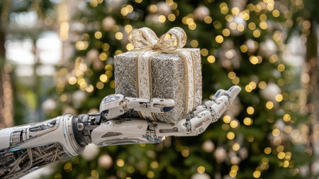 A futuristic robot hand holds a beautifully wrapped silver gift box with a bow, surrounded by festive holiday lights, creating a captivating scene of celebration and innovation.の素材