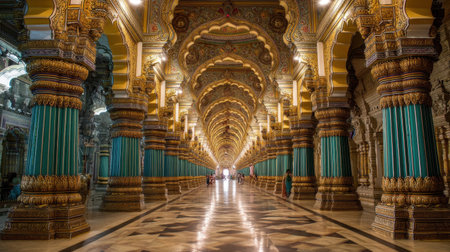 Explore the stunning beauty of an Indian temple corridor, featuring intricate pillars and fascinating architectural details that inspire awe and reflection.の素材