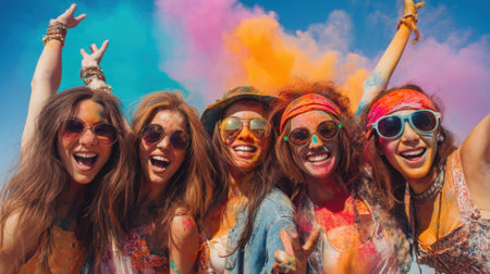 Five joyful friends celebrate with vibrant colored powder in an outdoor festival. Their smiles and laughter capture the essence of friendship and fun in the sun.の素材