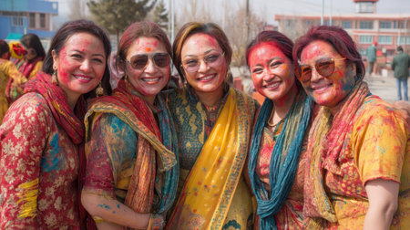 A vibrant gathering of women enjoying a colorful festival, showcasing joy and togetherness. Their painted faces reflect the lively spirit and cultural richness of the celebration.の素材