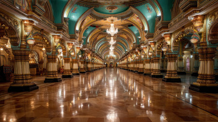 Explore a stunning grand hall featuring vibrant arches and intricate decorations. The elegant lighting and polished floor enhance the majestic atmosphere.の素材