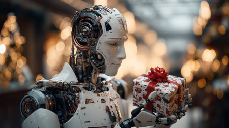 A futuristic robot holds a beautifully wrapped gift box adorned with a red ribbon amidst a cheerful holiday decor, capturing the essence of seasonal celebration and joy.の素材