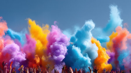A vibrant outdoor celebration filled with colorful powder clouds as people raise their hands in joy. The scene captures the spirit of community and excitement.の素材