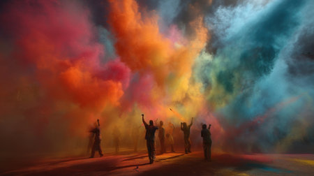 A dynamic scene of people celebrating in a colorful festival, surrounded by vibrant smoke clouds, capturing joy and creativity in an outdoor event.の素材