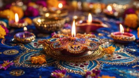 This image captures the essence of Diwali with colorful candles and floral decorations on a vibrant blue background, symbolizing joy and celebration.の素材