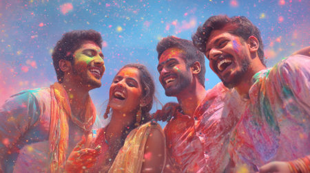 A vibrant scene of friends celebrating a color festival, filled with laughter and joy. The colorful atmosphere highlights unity, friendship, and pure happiness.の素材