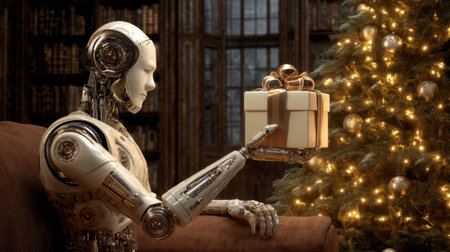 A stunning scene featuring a robot holding a beautifully wrapped gift box beside a decorated Christmas tree, creating a unique blend of technology and holiday spirit in a cozy living room.の素材