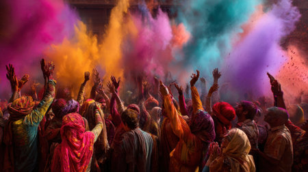 A lively festival scene filled with colorful powder as people celebrate joyfully. The vibrant atmosphere showcases unity, excitement, and cultural traditions in a joyful gathering.の素材