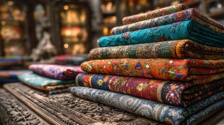 A beautiful display of colorful textiles stacked in a shop, showcasing intricate patterns and rich textures against an artistic background. Perfect for textile art or cultural themes.の素材