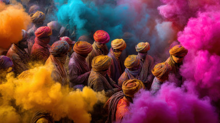 Experience the vibrant energy of a traditional festival in India, where people gather in celebration, surrounded by clouds of colorful powders creating a mesmerizing scene of unity and joy.の素材