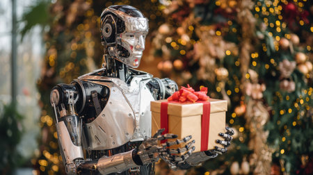 A futuristic robot stands in a festive setting, holding a beautifully wrapped gift box. This image captures the blend of technology and holiday cheer.の素材
