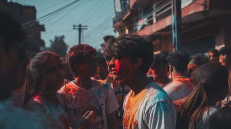 A dynamic scene capturing a colorful festival celebration with people joyously engaging in the festivities. Color powder fills the air, enhancing the vibrant atmosphere.の素材