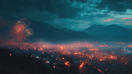 A breathtaking view of a mountainous cityscape illuminated by vibrant fireworks at dusk, capturing the essence of celebration amidst misty surroundings.の素材