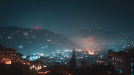 A stunning night view of an urban landscape featuring glowing buildings and distant fireworks. The serene atmosphere highlights nature's beauty and city life.の素材