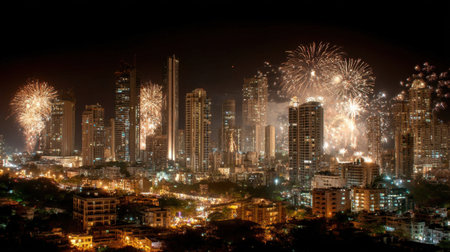 Breathtaking fireworks light up the night sky above a bustling urban skyline, capturing the essence of celebration and vibrant city life during a festive occasion.の素材