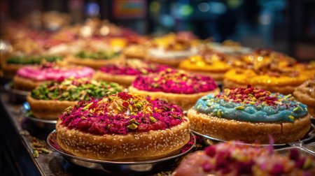 A vibrant display of colorful traditional sweets showcases an array of textures and flavors, perfect for festive celebrations and cultural gatherings.の素材