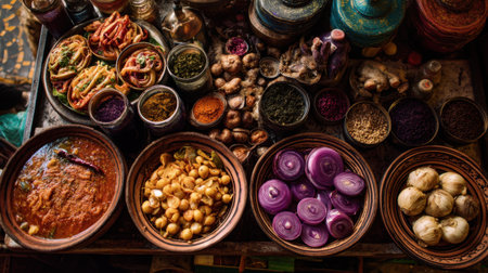 Discover a vibrant display of spices and ingredients in a traditional market, showcasing rich colors and textures that inspire culinary creativity and gourmet cooking.の素材