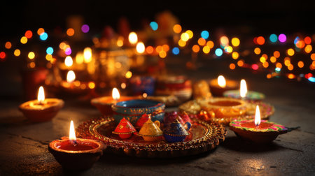 Capture the essence of celebration with colorful diyas lit up against a backdrop of shimmering bokeh lights, perfect for festive occasions and cultural events.の素材