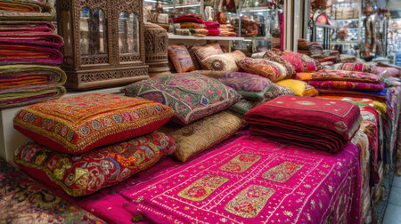 A charming display of vibrant textiles and decorative cushions in a marketplace. The rich colors and intricate patterns create an inviting atmosphere for decor enthusiasts.の素材