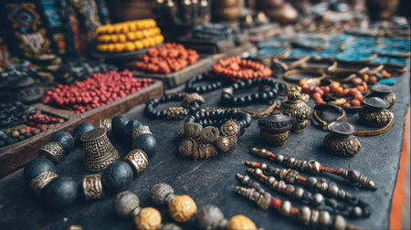 A captivating array of handcrafted jewelry displayed in a market stall, showcasing vibrant colors and intricate designs that highlight cultural artistry and craftsmanship.の素材