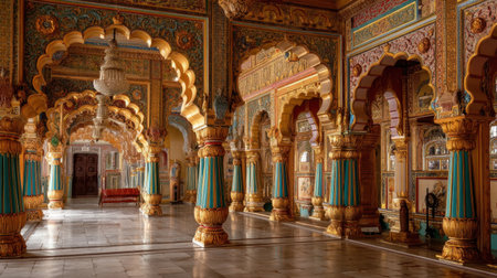 Explore the stunning interior of an ornate Indian palace featuring intricate patterns, vibrant colors, and elaborate architectural details that reflect rich cultural heritage.の素材