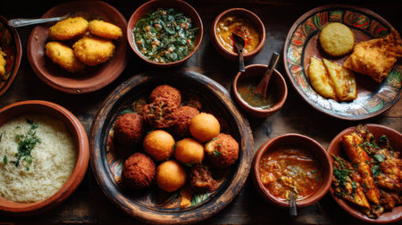 A beautiful arrangement of traditional African dishes showcasing vibrant colors and diverse flavors. Perfect for food lovers and cultural explorations.の素材