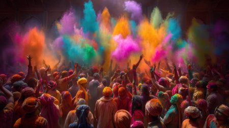 A lively festival scene capturing vibrant colors of powder as people celebrate together. The atmosphere is filled with joy, culture, and energy, showcasing unity.の素材