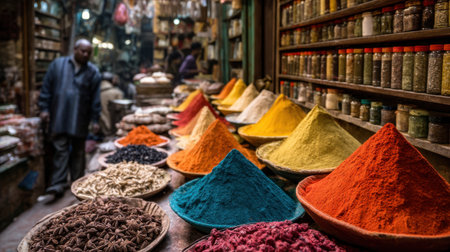 Explore a vibrant spice market showcasing colorful piles of spices and herbs, highlighting the rich aromas and cultural significance of local ingredients.の素材