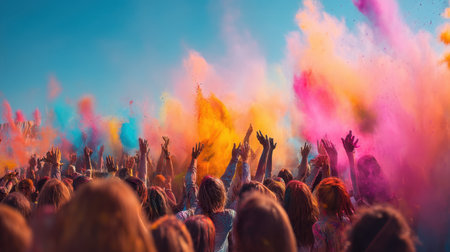 A vibrant crowd celebrates the Holi festival, surrounded by colorful powder bursts, capturing the essence of joy, unity, and cultural tradition in a lively outdoor atmosphere.の素材