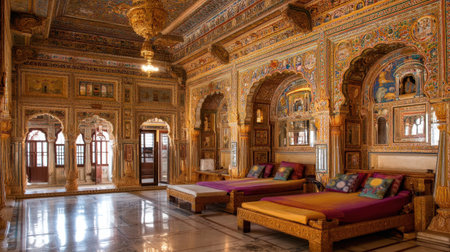 Explore a luxurious traditional Indian heritage room featuring intricate carvings, ornate furniture, and vibrant decorations, evoking royal elegance and cultural beauty.の素材