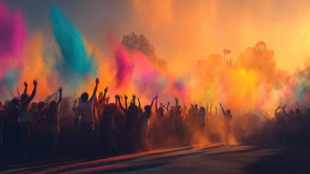 A vibrant festival scene captures people joyfully celebrating with colorful powdered colors in the air, creating an atmosphere of excitement and togetherness.の素材