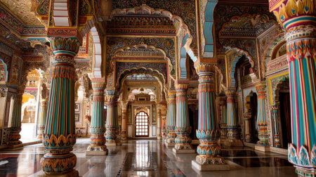 Explore the spectacular interior of a historical palace featuring vibrant colors, intricate columns, and exquisite decorative patterns that evoke a rich cultural heritage.の素材