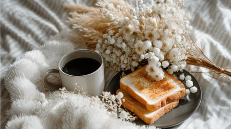 A cozy breakfast scene featuring two pieces of toasted bread, a steaming cup of coffee, and beautiful dried flowers, perfect for a morning ritual.の素材