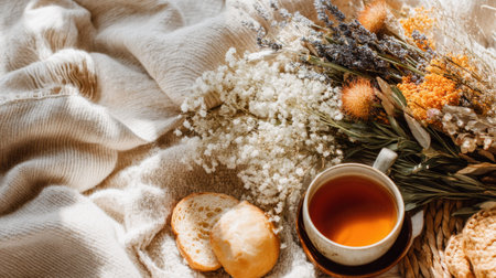 A serene morning scene featuring a cozy blanket, a cup of herbal tea, and an arrangement of dried flowers. Perfect for conveying warmth and relaxation.の素材