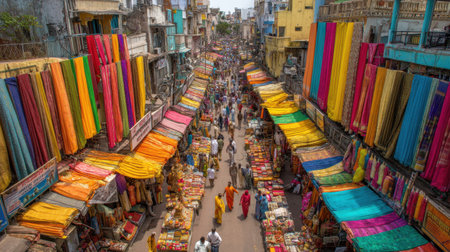 A bustling market scene filled with colorful fabrics and diverse shoppers. Stalls line the street, showcasing vibrant textiles in a lively cultural atmosphere.の素材