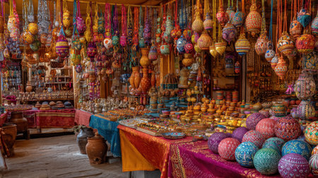 Explore a vibrant market stall filled with handcrafted decorations and unique items, showcasing the rich culture and artistic craftsmanship in a colorful display.の素材