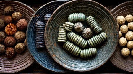 Beautifully arranged traditional decorative food items in vibrant colors showcase unique textures and artistry, perfect for culinary and cultural presentations.の素材