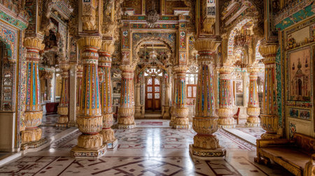 Step into a beautifully adorned Indian palace, showcasing intricate craftsmanship and vibrant colors. This image captures the essence of historical elegance and rich cultural heritage.の素材