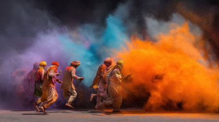A lively festival scene showcasing joyful people running through vibrant clouds of colored powder, capturing the essence of celebration and cultural expression.の素材