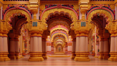 Explore the breathtaking interior of a lavish palace, featuring intricate arches and vibrant colors, showcasing the beauty of traditional architecture and design.の素材