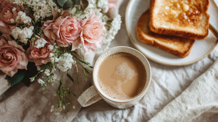 A serene morning scene featuring a warm cup of coffee, fresh roses, and golden toast on a cozy tabletop. Perfect for conveying tranquility and comfort.の素材