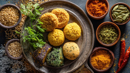 An exquisite arrangement of traditional Indian snacks on a rustic plate, surrounded by vibrant spices and herbs, showcasing culinary artistry and cultural richness.の素材